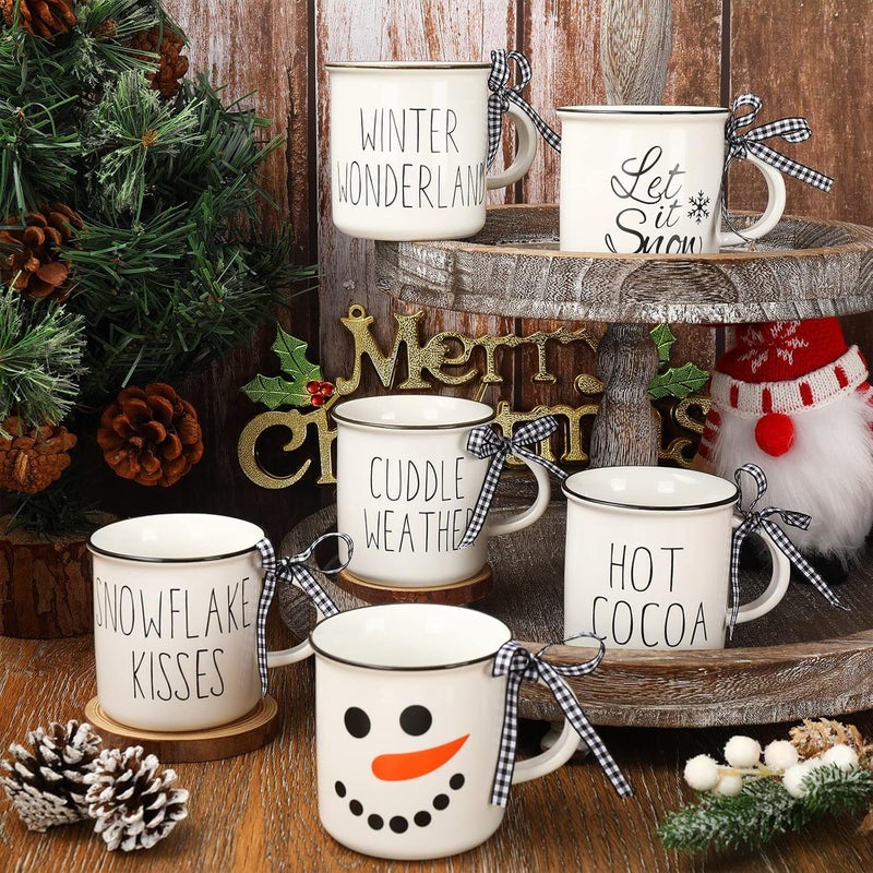 Whaline 6Pcs Winter Mini Coffee Mug with Ribbon Tiered Tray Decor White Snowman Let it Snow Drinking Mug for Winter Christmas Table Centerpieces Decorations Housewarming Gift - Image 4