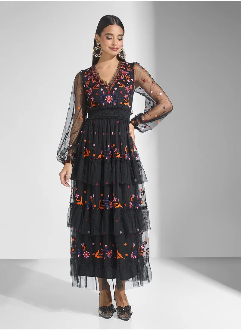 Maya Embroidered Balloon Sleeve Dress