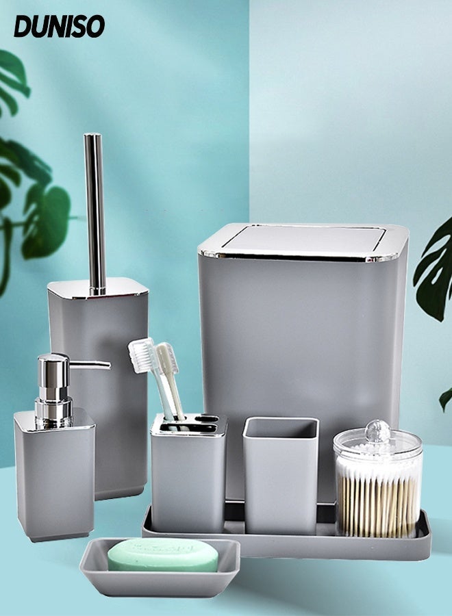 DUNISO 8 Pieces Bathroom Accessories Set with Tray,Luxury Plastic Bath Set Including Soap Dish,Toothbrush cup, Toothbrush Holder, Soap Dispenser, Toilet Brush with Holder, Garbage Bin (Grey) - Image 1