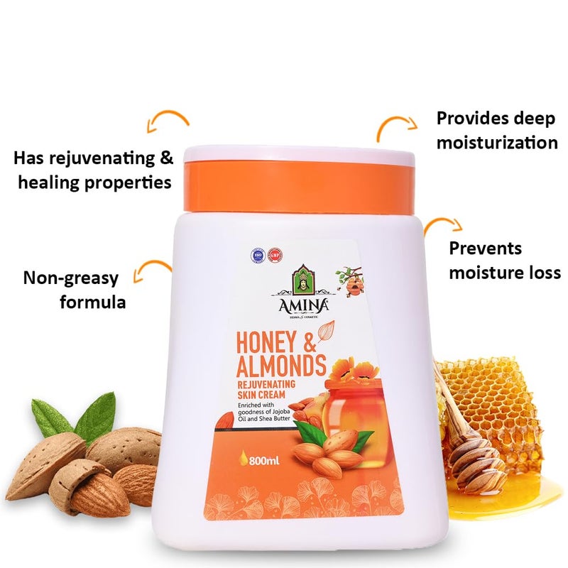 AMINA Honey Almonds Rejuvenating Skin Cream Enriched with goodness of Jojoba Oil and Shea Butter Nourishing Skin Cream for Face Body 800 ML - Image 2