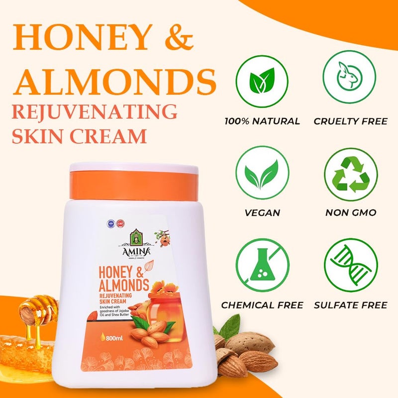AMINA Honey Almonds Rejuvenating Skin Cream Enriched with goodness of Jojoba Oil and Shea Butter Nourishing Skin Cream for Face Body 800 ML - Image 5