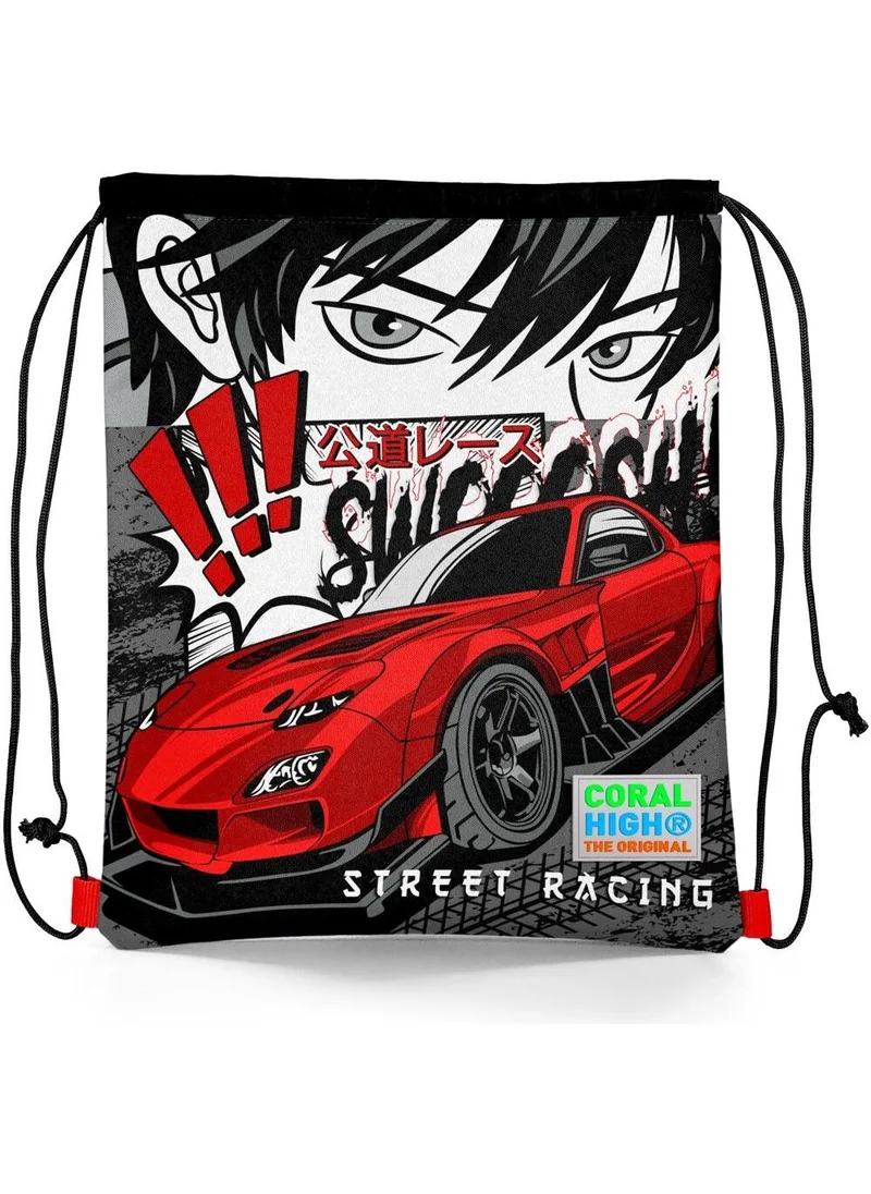 CORAL HIGH Kids Black Red Anime Car Patterned Drawstring Backpack 22447