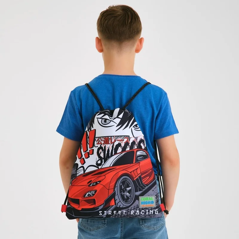 CORAL HIGH Kids Black Red Anime Car Patterned Drawstring Backpack 22447