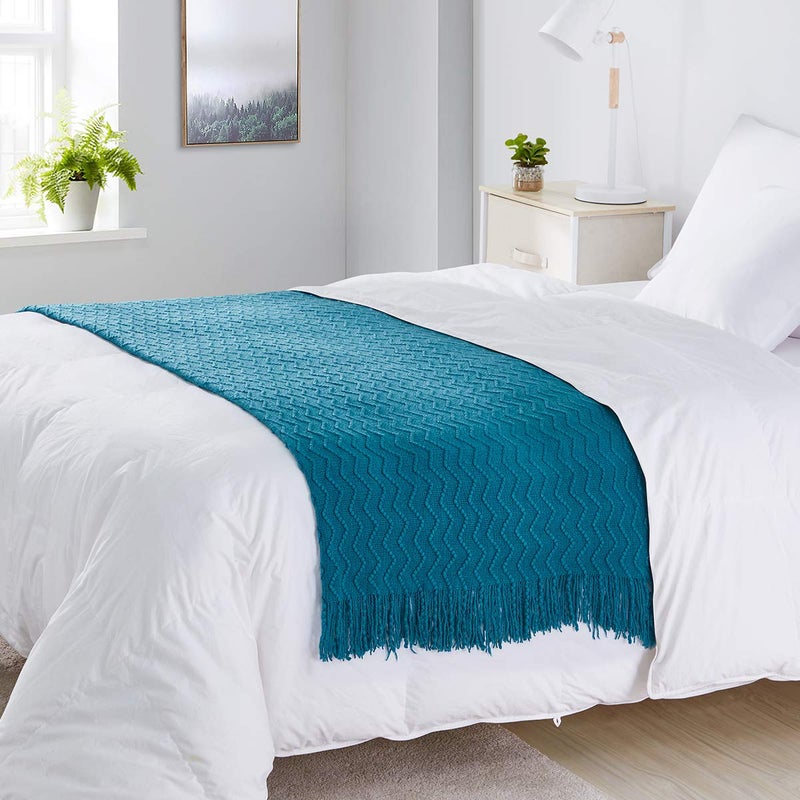 BOURINA Throw Blanket Textured Solid Soft Sofa Throw Bed Runner Couch Cover Knitted Decorative Blanket Bed Runner  50 x90 Inches Teal - Image 3