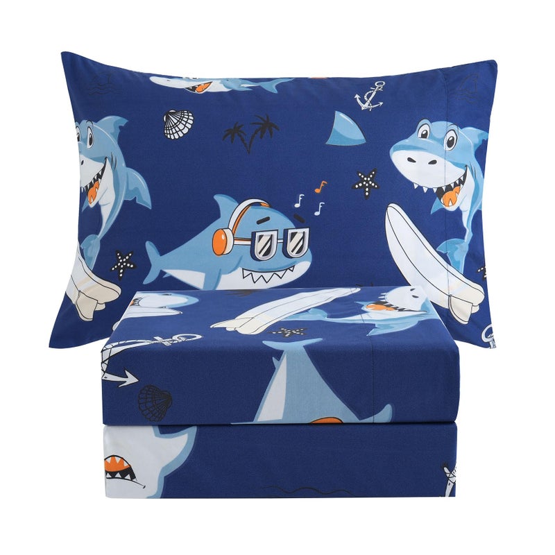 JSD Blue Shark Surfing Kids Sheet Set Twin Size  3 Piece Nautical Printed Microfiber Sheets Deep Pocket - Image 1