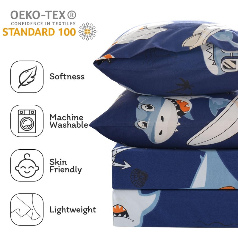 JSD Blue Shark Surfing Kids Sheet Set Twin Size  3 Piece Nautical Printed Microfiber Sheets Deep Pocket - Image 4