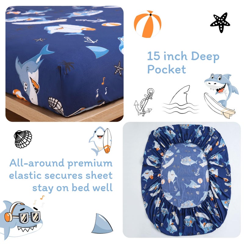 JSD Blue Shark Surfing Kids Sheet Set Twin Size  3 Piece Nautical Printed Microfiber Sheets Deep Pocket - Image 3