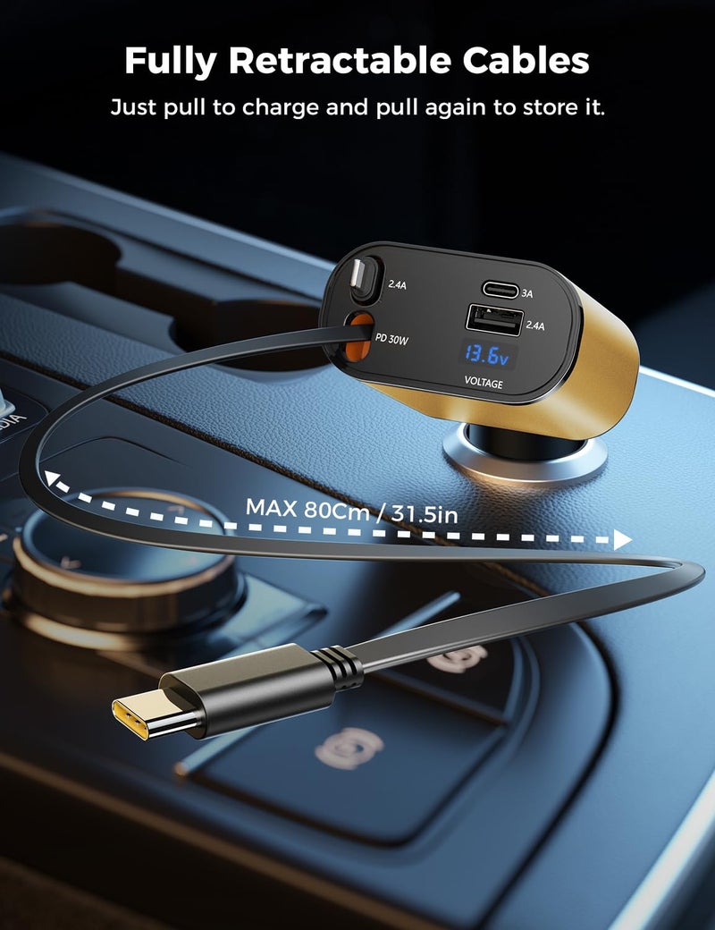 SUPERONE ã€Upgradedã€‘ SUPERONE Retractable Car Charger 4 in 1, Fast Car Phone Charger with Cord 2.6ft, USB C and Apple Car Charger Adapter, Compatible with iPhone 17 16 15/15 Pro Max/14/13/12/11, Galaxy, Pixel - Image 2