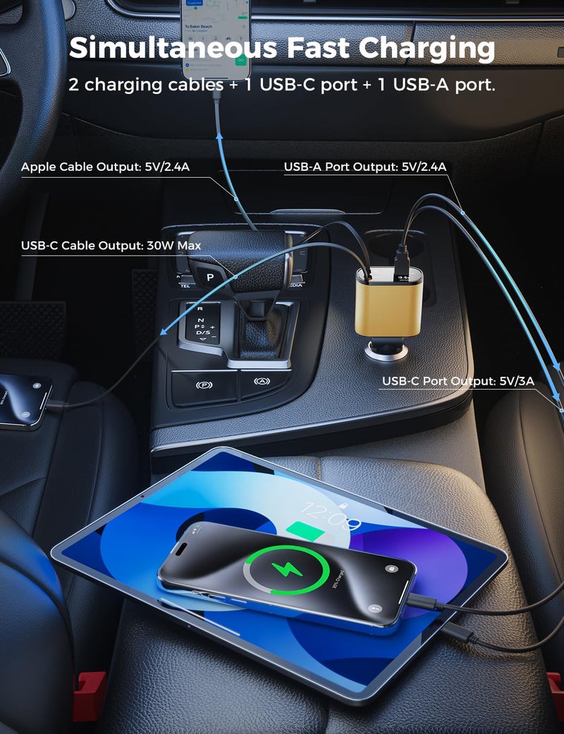 SUPERONE ã€Upgradedã€‘ SUPERONE Retractable Car Charger 4 in 1, Fast Car Phone Charger with Cord 2.6ft, USB C and Apple Car Charger Adapter, Compatible with iPhone 17 16 15/15 Pro Max/14/13/12/11, Galaxy, Pixel - Image 3