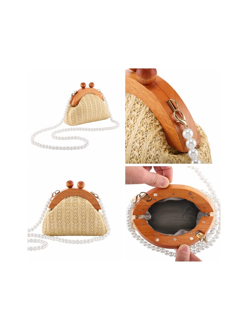 Excefore Straw Crossbody Handbag for Women, Mini Purse Rattan Wallet Bag Summer Beach Woven Pearl Straw Shoulder Bag Clutch - Image 5
