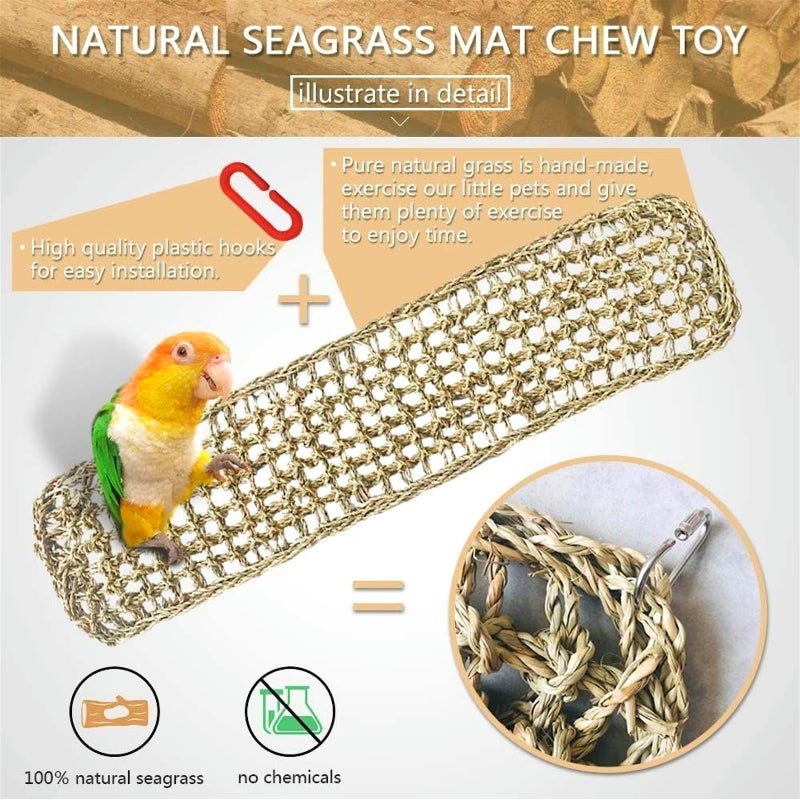 Hamiledyi Bird Seagrass Mat 39.4Ã—7" Natural Grass Woven Net Hammock Hanging on Parrot Cage with Hooks Parakeet Climbing Rope Ladder Chew Toys for Lovebird Cockatiel Conure Budgie Cockatoo Supplies - Image 2