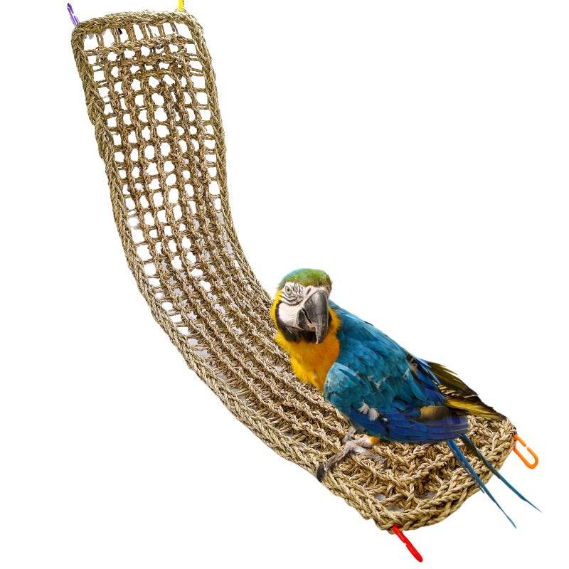 Hamiledyi Bird Seagrass Mat 39.4Ã—7" Natural Grass Woven Net Hammock Hanging on Parrot Cage with Hooks Parakeet Climbing Rope Ladder Chew Toys for Lovebird Cockatiel Conure Budgie Cockatoo Supplies - Image 1