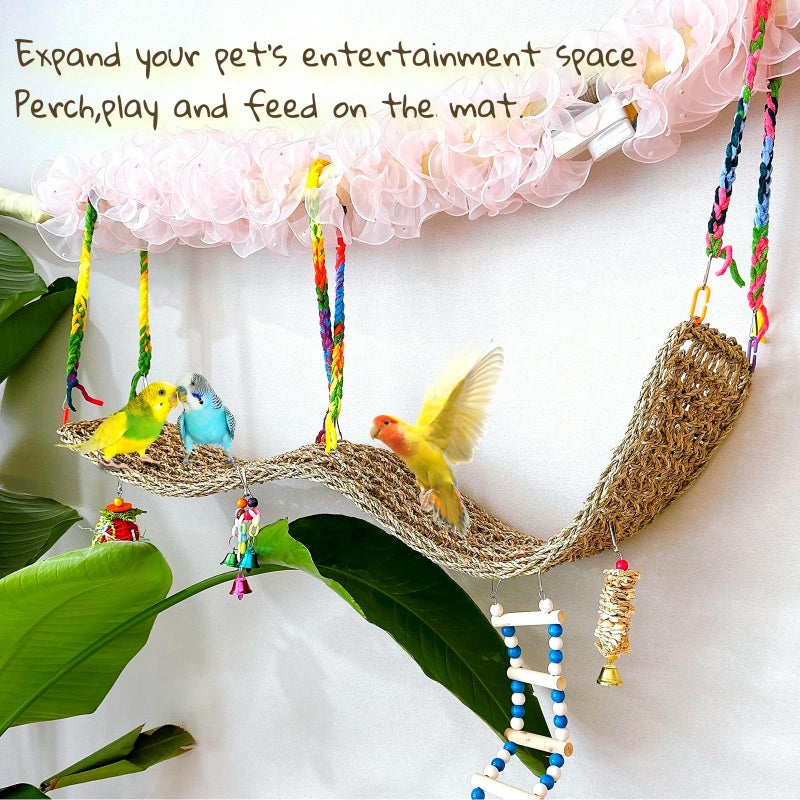 Hamiledyi Bird Seagrass Mat 39.4Ã—7" Natural Grass Woven Net Hammock Hanging on Parrot Cage with Hooks Parakeet Climbing Rope Ladder Chew Toys for Lovebird Cockatiel Conure Budgie Cockatoo Supplies - Image 3