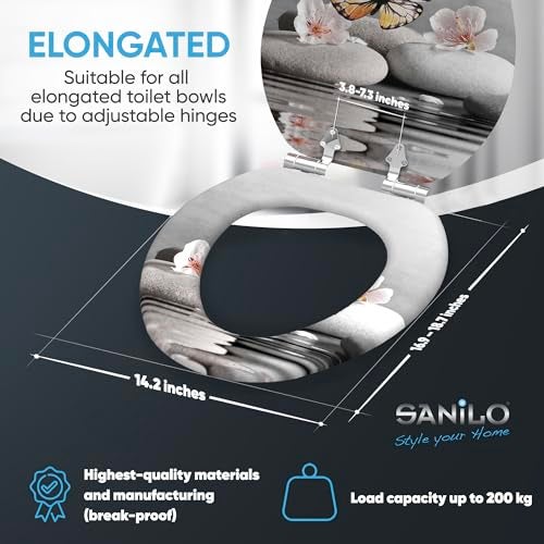 SANILO Wooden Toilet Seat with Soft Close [ELONGATED] - Decorative, Quiet & Slow Close Molded Wood Seat - With Strong Bumpers & Hinges - Adjustable Fit - Vanesa - Image 4
