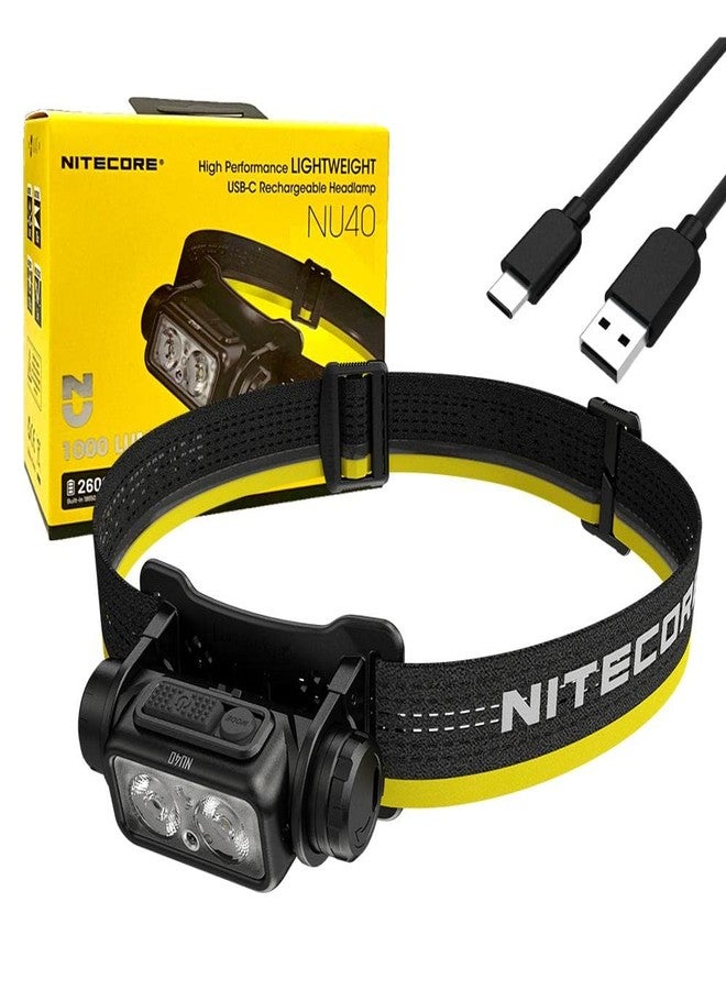 مصباح رأس Nitecore NU40 عالي الأداء وخفيف الوزن قابل لإعادة الشحن عبر منفذ USB-C - 1000 لومن مع كابل شحن Eco-Sensa USB-C