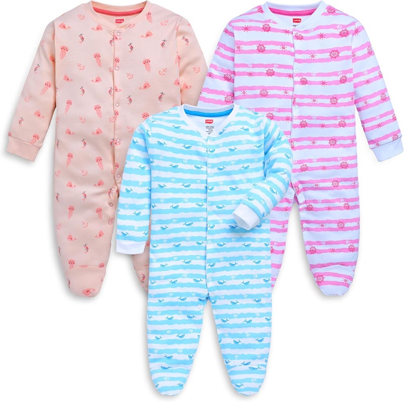 LuvLap Unisex Full Sleeve Rompers Set - Multicolour (3 Pack) for 9-12 Months - Image 1