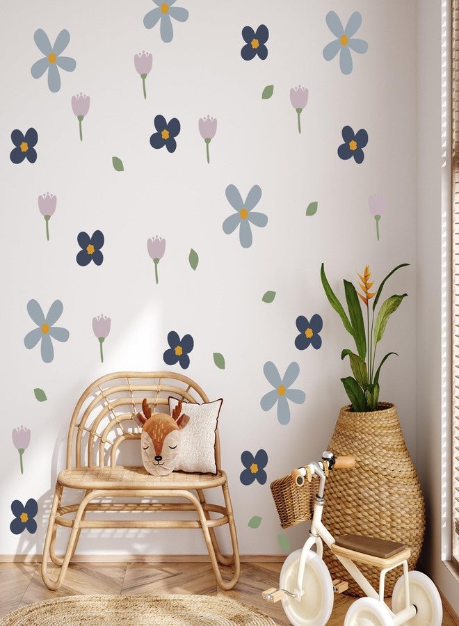 Ladinimo Cute Flower Wall Decals,Boho Peel and Stick Floral Kids Room Decor,Removable Flowers Vinyl Art Stickers for Girls Bedroom Nursery Living Room Decor (Blue Flower Wall Decals) - Image 3
