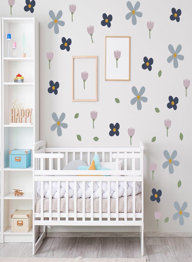 Ladinimo Cute Flower Wall Decals,Boho Peel and Stick Floral Kids Room Decor,Removable Flowers Vinyl Art Stickers for Girls Bedroom Nursery Living Room Decor (Blue Flower Wall Decals) - Image 1