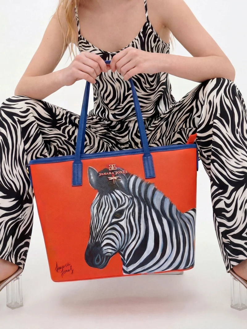JANARA JONES  Zeebra Hand Painted Orange Tote Bag for Women | Best Price UAE