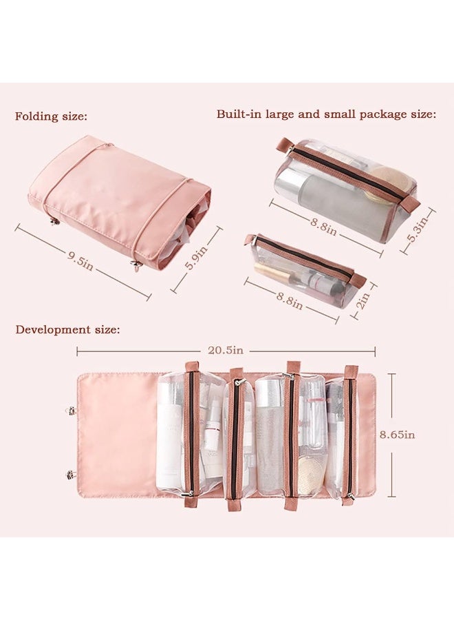 حقيبة أدوات تجميل للسفر، منظم مستحضرات تجميل شفاف قابل للإزالة مع 4 جيوب شبكية، لون وردي، حقيبة مكياج معلقة مقاومة للماء للنساء والاستخدام اليومي - Image 3