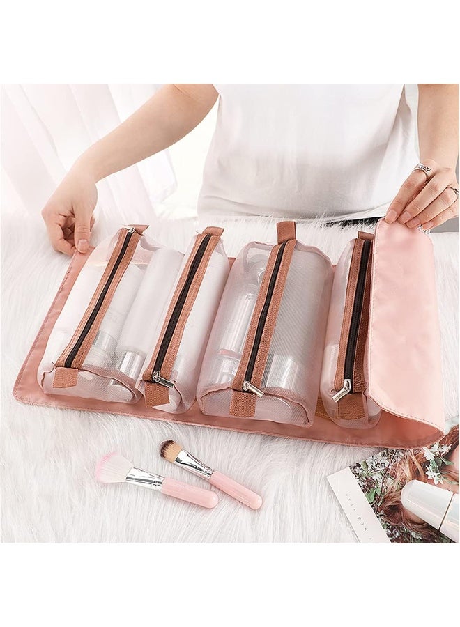 حقيبة أدوات تجميل للسفر، منظم مستحضرات تجميل شفاف قابل للإزالة مع 4 جيوب شبكية، لون وردي، حقيبة مكياج معلقة مقاومة للماء للنساء والاستخدام اليومي - Image 2