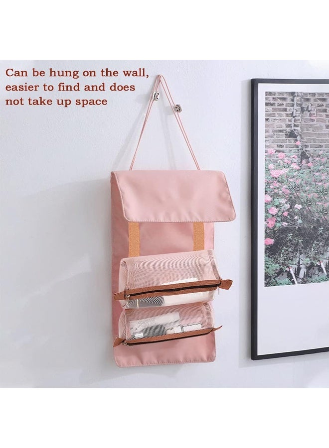 حقيبة أدوات تجميل للسفر، منظم مستحضرات تجميل شفاف قابل للإزالة مع 4 جيوب شبكية، لون وردي، حقيبة مكياج معلقة مقاومة للماء للنساء والاستخدام اليومي - Image 4