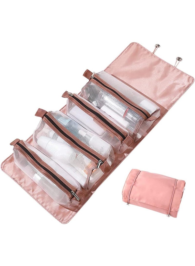 حقيبة أدوات تجميل للسفر، منظم مستحضرات تجميل شفاف قابل للإزالة مع 4 جيوب شبكية، لون وردي، حقيبة مكياج معلقة مقاومة للماء للنساء والاستخدام اليومي - Image 1
