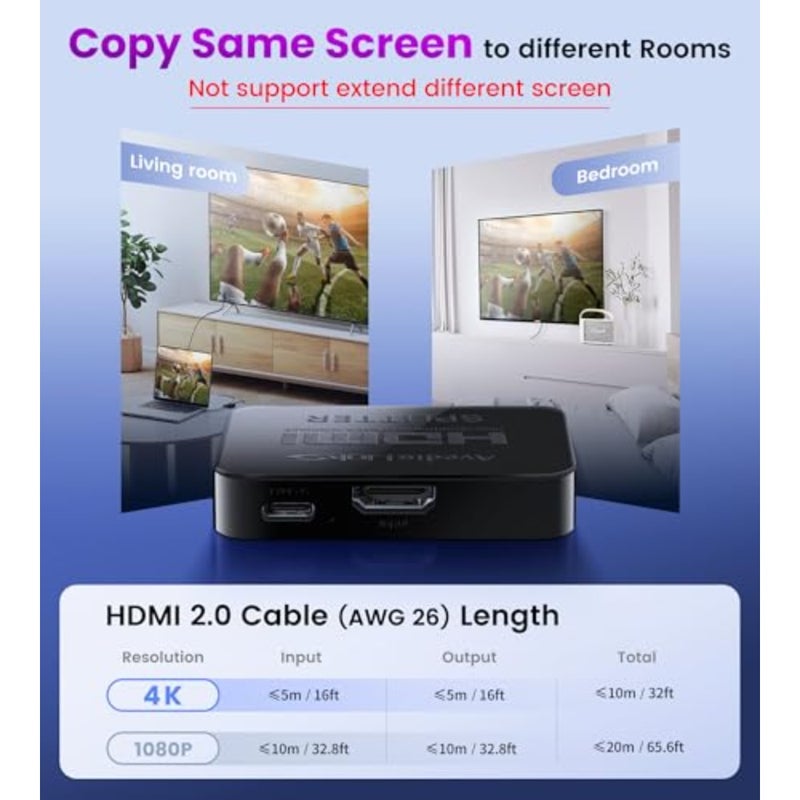 مقسم HDMI 1 في 2 للشاشات المزدوجة، بلاستيك، أسود، يدعم نسخة 4K/مرآة فقط مع كابل HDMI بطول 4 أقدام - Image 4