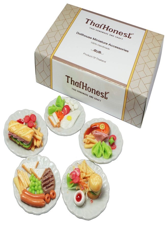 ThaiHonest 5 Pcs Dollhouse Miniature Food Set - Handmade Clay Salmon Steak, Burger, Subway & Beef Steak on Ceramic Plates (1.3 Inch, 1/6 Scale) for Dollhouse Kitchen, Table Décor & Collectibles - Image 2
