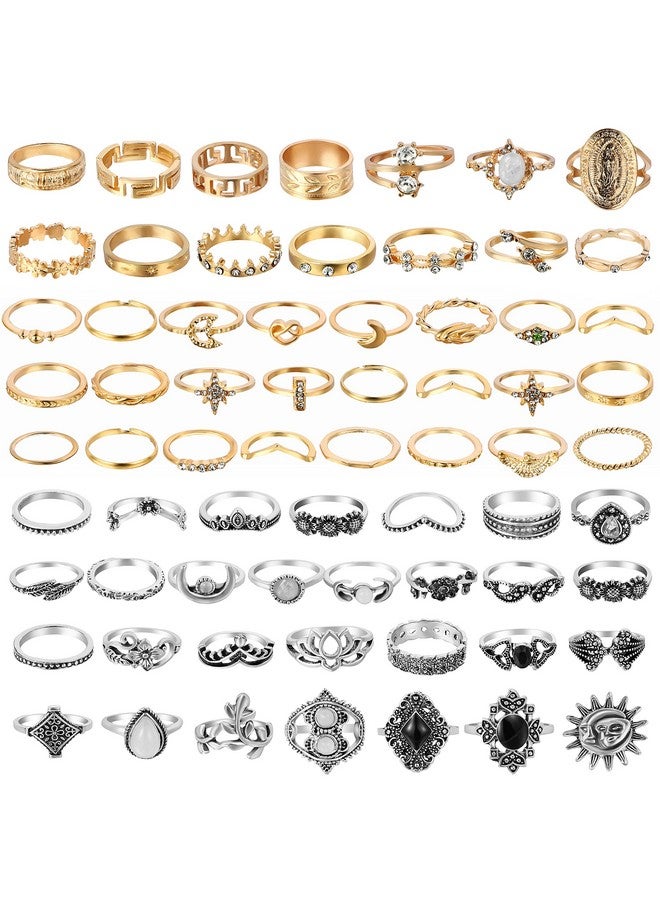 PANTIDE 67Pcs Vintage Knuckle Rings Set Stackable Finger Rings Midi Rings For Women Bohemian Hollow Carved Flowers Gold&Silver Rings Crystal Joint Rings With Storage Bag - Image 1