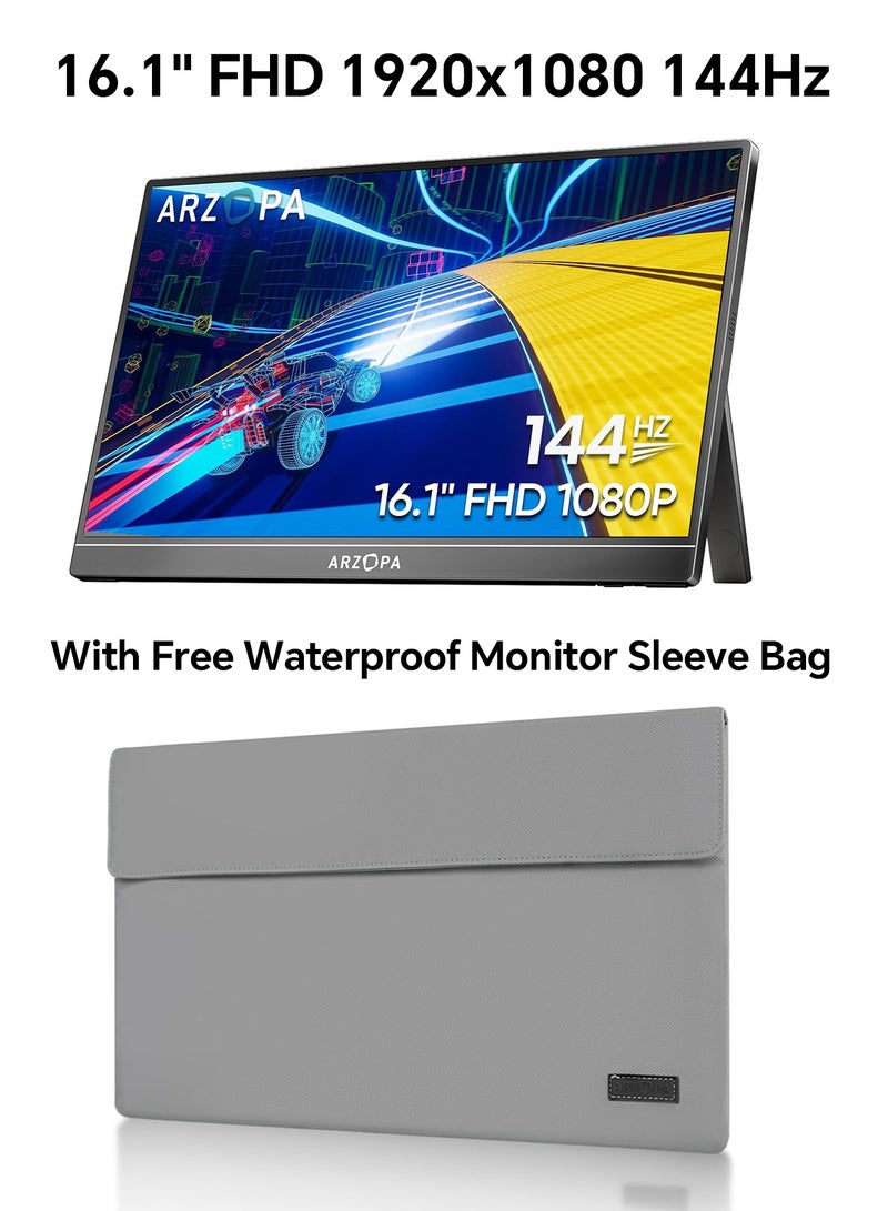 ARZOPA 16.1'' 144Hz Portable Gaming Monitor, 106% sRGB 1080P FHD Kickstand Portable Monitor with HDR, Ultra Slim, Eye Care, External Second Screen for Laptop, PC, PS5, Mac, Xbox - Image 1
