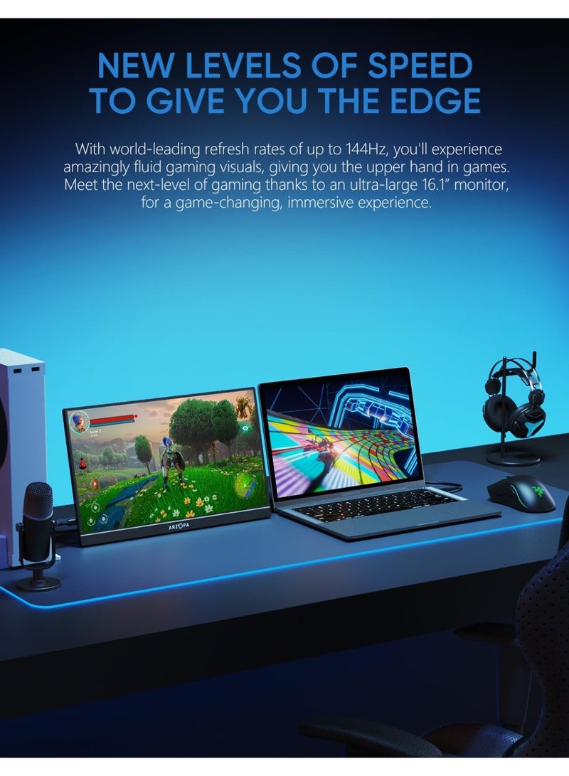 ARZOPA 16.1'' 144Hz Portable Gaming Monitor, 106% sRGB 1080P FHD Kickstand Portable Monitor with HDR, Ultra Slim, Eye Care, External Second Screen for Laptop, PC, PS5, Mac, Xbox - Image 2