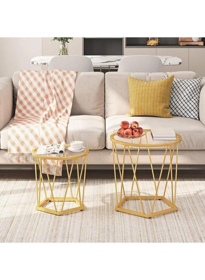 HOME TASTE Hometaste Luxury Round Coffee Table Set - Tempered Glass Premium Metal And Nesting Design For A Sophisticated Living Space Set Of 2 Side Tables Included