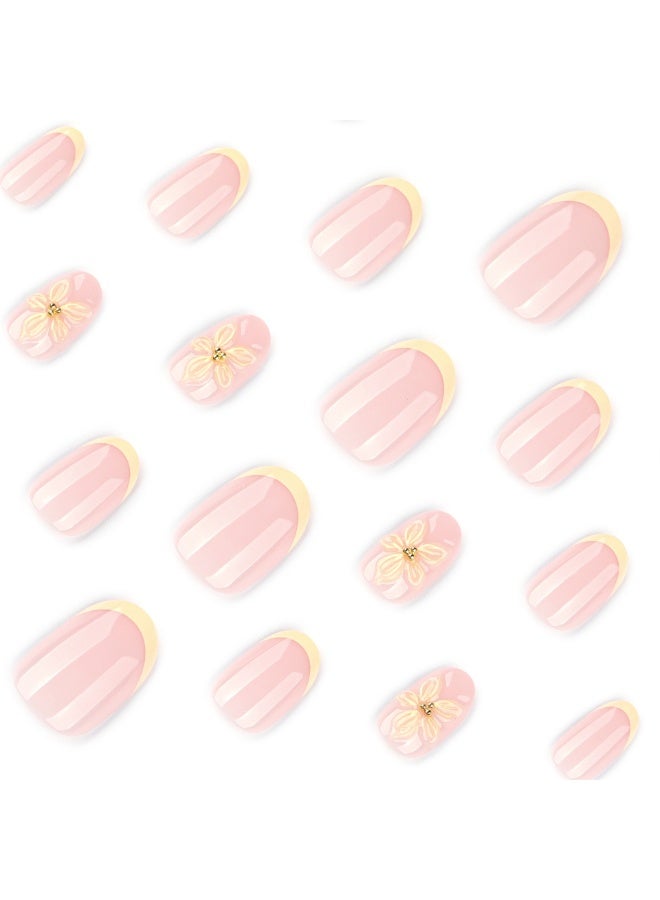 JOSQUEWNN 24PCS Press On False Nails,Simple Short Round Wearable Nail Tips with 3D Yellow Floral Design ,Fake Acrylic Nails With Glue Kit. - Image 3