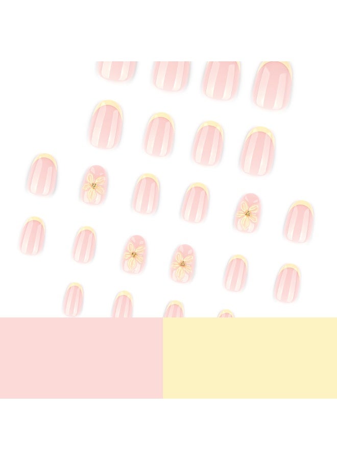 JOSQUEWNN 24PCS Press On False Nails,Simple Short Round Wearable Nail Tips with 3D Yellow Floral Design ,Fake Acrylic Nails With Glue Kit. - Image 4