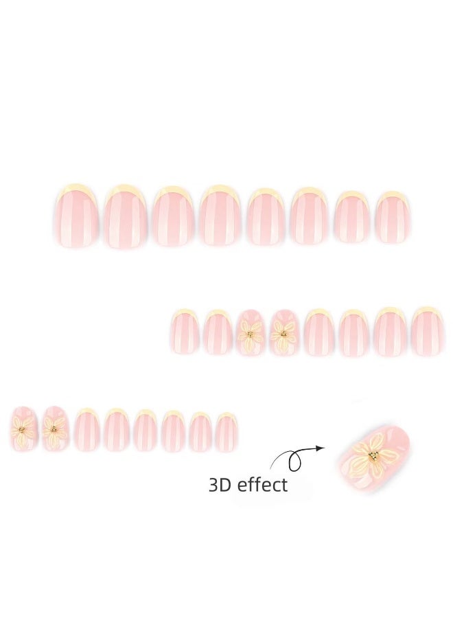 JOSQUEWNN 24PCS Press On False Nails,Simple Short Round Wearable Nail Tips with 3D Yellow Floral Design ,Fake Acrylic Nails With Glue Kit. - Image 5