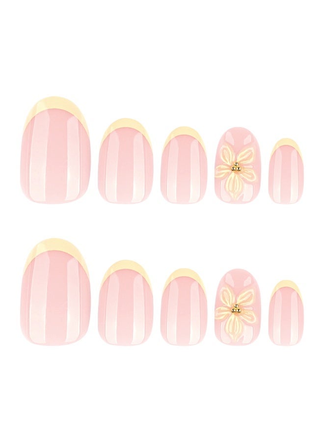 JOSQUEWNN 24PCS Press On False Nails,Simple Short Round Wearable Nail Tips with 3D Yellow Floral Design ,Fake Acrylic Nails With Glue Kit. - Image 2