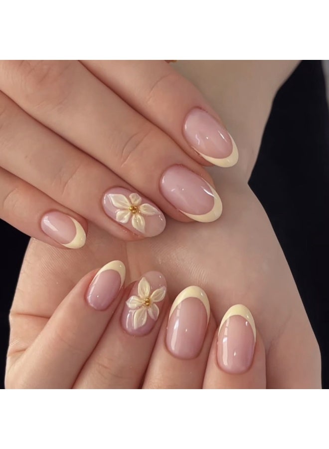 JOSQUEWNN 24PCS Press On False Nails,Simple Short Round Wearable Nail Tips with 3D Yellow Floral Design ,Fake Acrylic Nails With Glue Kit. - Image 1