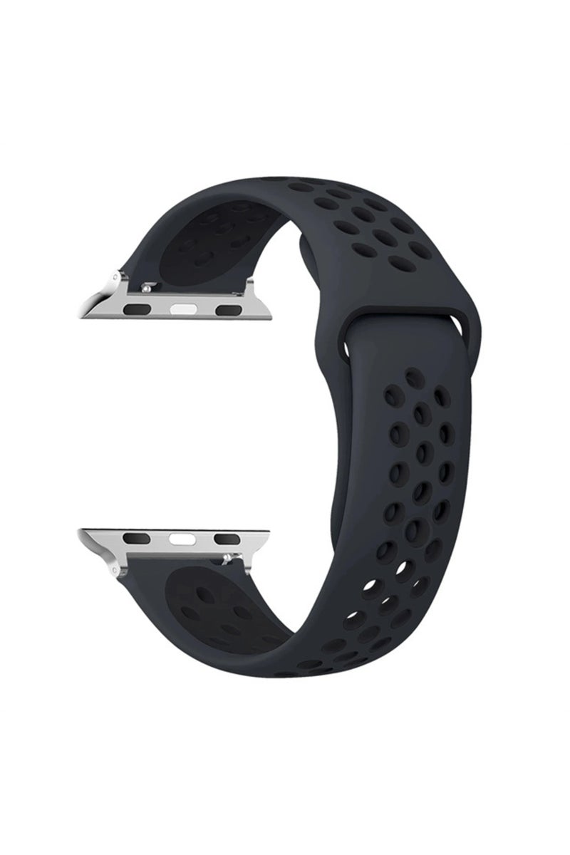 سوار سيليكون أسود فحمي، متوفر بأحجام 42 مم، 44 مم، 45 مم، و49 مم، لساعات أبل ألترا 3 و2 و1، وسوار رياضي مقاس 49 مم لساعات آيواتش.