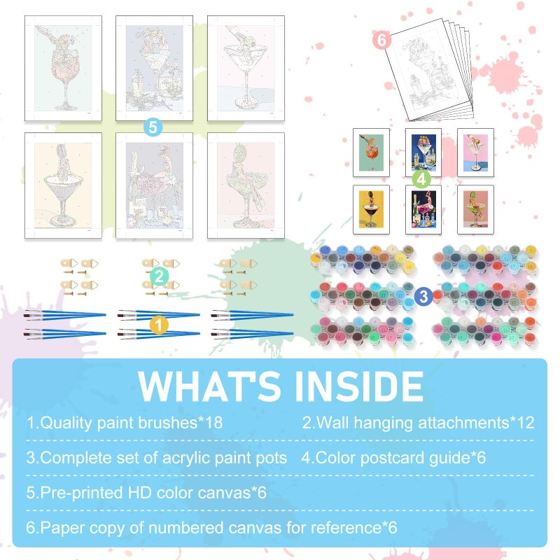 Offito 6 Pack Paint by Numbers Kit for Adults Beginners - 8x12 Inch Cocktail Adult Paint by Number Kits on Canvas, Cocktail DIY Acrylic Oil Number Painting Kits for Adults, Perfect for Gift Home Decor - Image 5