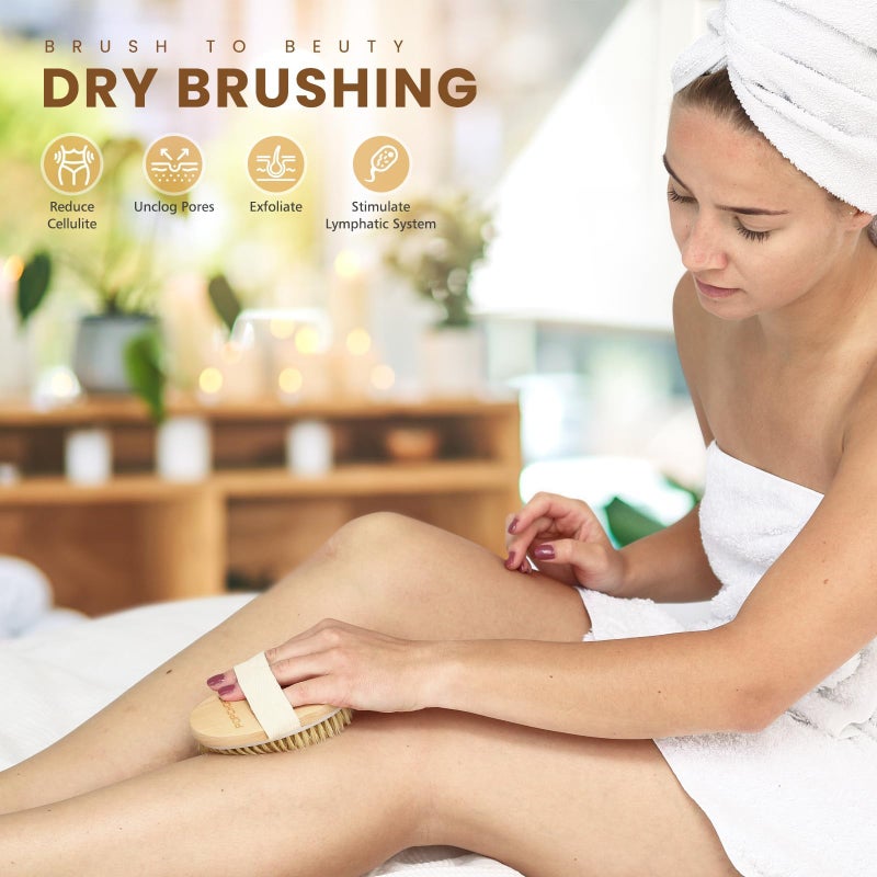 POPCHOSE Dry Brushing Body Brush, Natural Bristle Dry Skin Exfoliating Brush Body Scrub for Flawless Skin, Cellulite Treatment, Lymphatic Drainage and Blood Circulation Improvement - Image 4