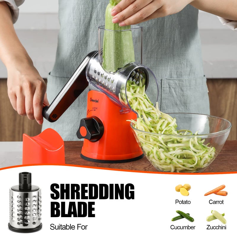 Geedel Rotary Cheese Grater, Kitchen Mandoline Vegetable Slicer with 3 Interchangeable Blades, Easy to Clean Rotary Grater Slicer for Fruit, Vegetables, Nuts - Image 4