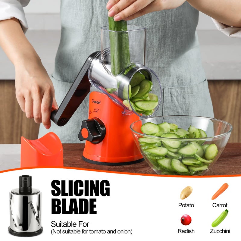 Geedel Rotary Cheese Grater, Kitchen Mandoline Vegetable Slicer with 3 Interchangeable Blades, Easy to Clean Rotary Grater Slicer for Fruit, Vegetables, Nuts - Image 3