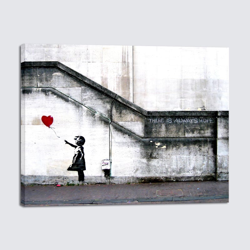 Wieco Art Banksy Grafitti Girl with Red Balloon Canvas Prints Wall Art Grey Love Pictures Paintings for Living Room Bedroom Home Decorations Modern Stretched and Framed Inspirational Giclee Artwork - Image 1