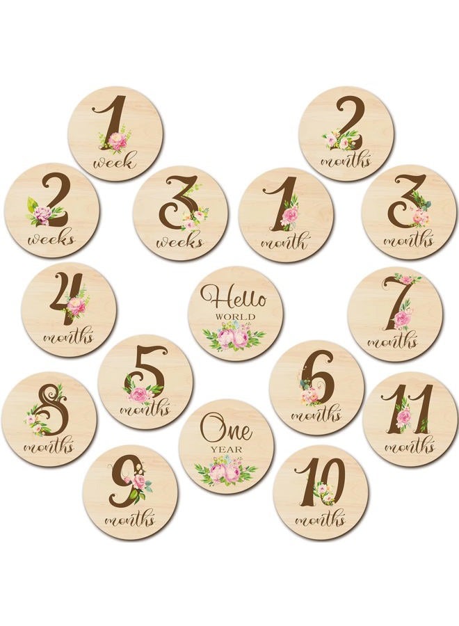 Tiamon 16 قطعة بطاقات milestones شهرية خشبية للأطفال أقراص علامات milestones شهرية مزدوجة الجوانب دوائر خشبية شهرية علامات للأطفال لمناسبة استقبال المولود الجديد (زهور) - Image 1