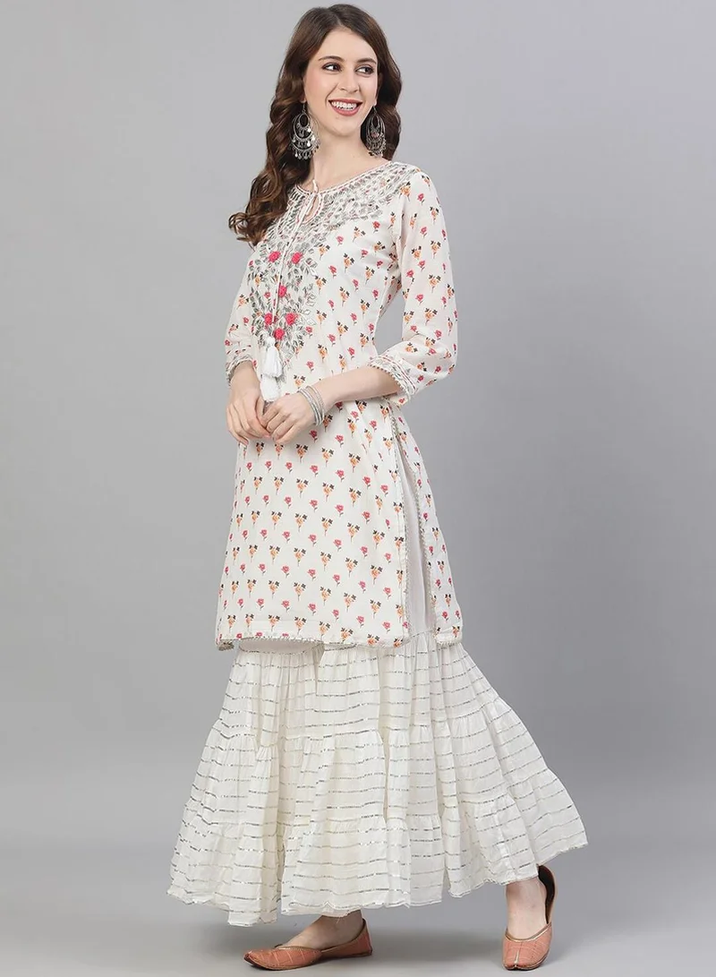 ISHIN Women's White Rayon Self Designed Tunic Upper Full Length Palazzo Bottom Regular Fit Kurta Set