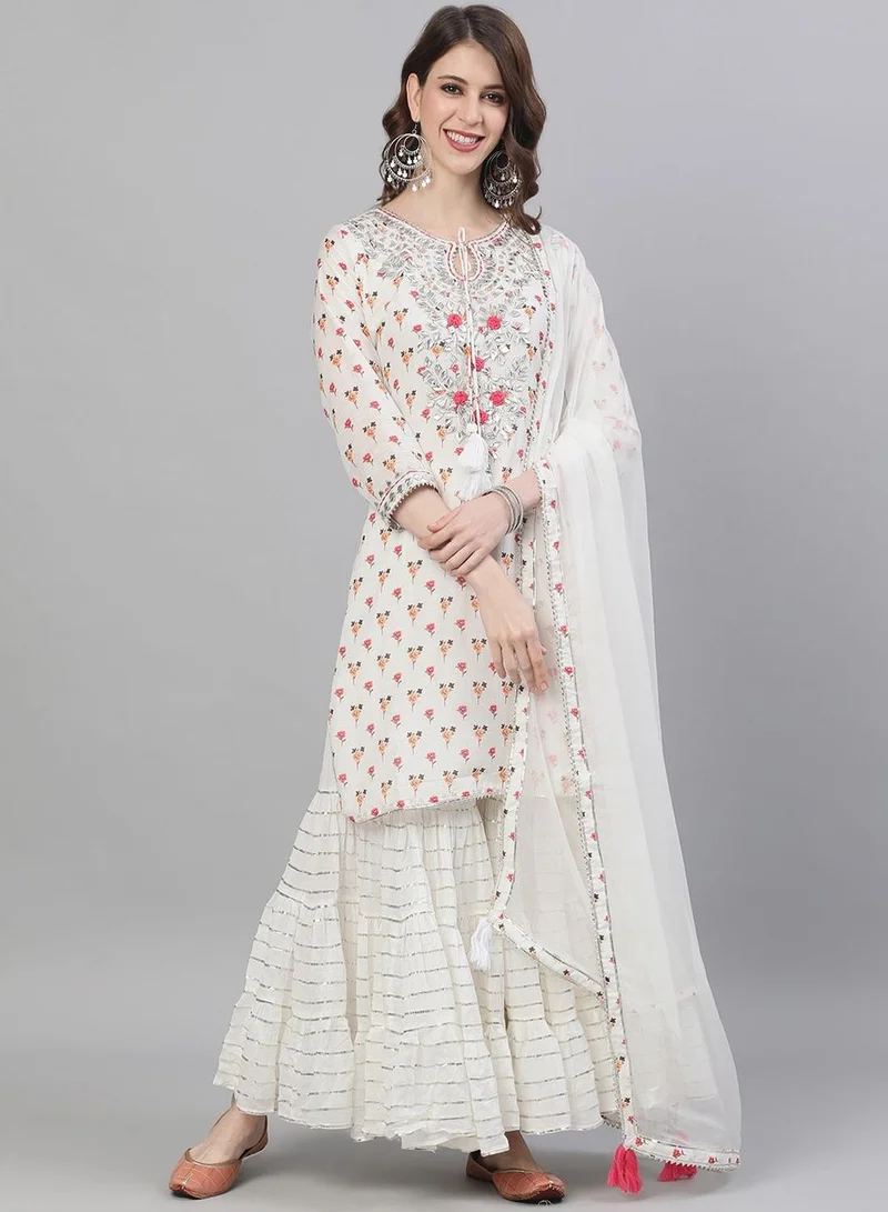 ISHIN Women's White Rayon Self Designed Tunic Upper Full Length Palazzo Bottom Regular Fit Kurta Set