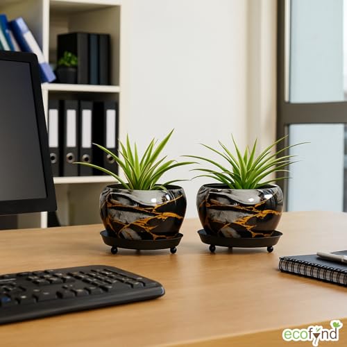 ecofynd 5 inches, Lily Black Metal Plant Pot with Saucer Plate | Indoor Outdoor Home Decor Item for Garden Plants Flower, Balcony, Patio, Living Room, Garden, Bedroom (Pack of 2, Black, POT029) - Image 5