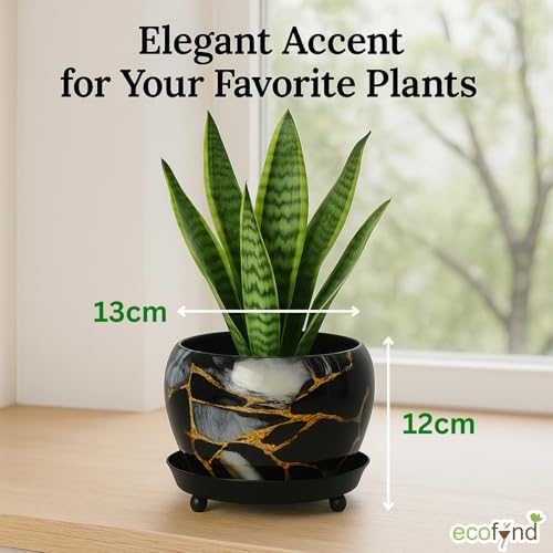 ecofynd 5 inches, Lily Black Metal Plant Pot with Saucer Plate | Indoor Outdoor Home Decor Item for Garden Plants Flower, Balcony, Patio, Living Room, Garden, Bedroom (Pack of 2, Black, POT029) - Image 2