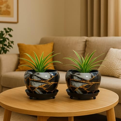 ecofynd 5 inches, Lily Black Metal Plant Pot with Saucer Plate | Indoor Outdoor Home Decor Item for Garden Plants Flower, Balcony, Patio, Living Room, Garden, Bedroom (Pack of 2, Black, POT029) - Image 1